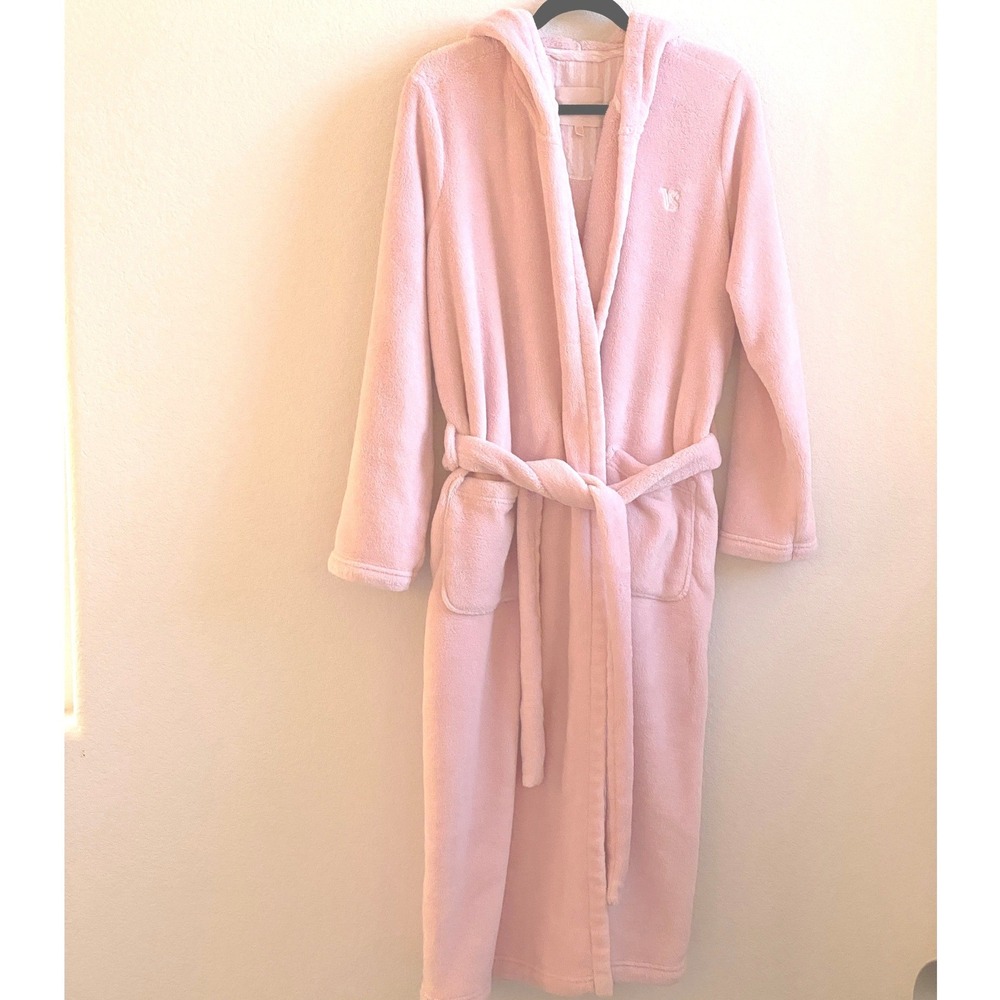 Victorias Secret Pink Hooded Plush Fleece Robe Embroidered VS Logo Large Y2k